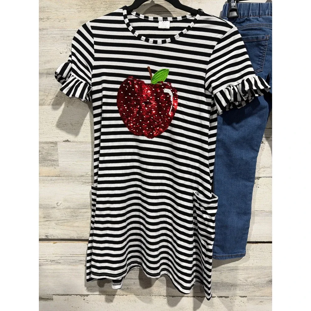 OshKosh Dress Shirt Jeggings Girls 7 Medium Sequin Apple Birthday GUC